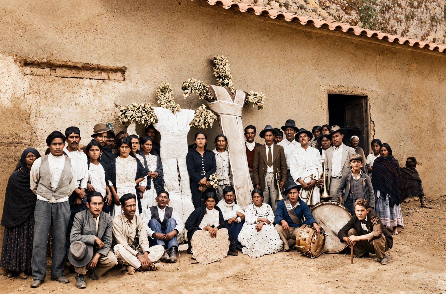 Fotografía histórica de la fiesta de las cruces del Señor de San Cristóbal en Llicua, Huánuco, 1935, con una pequeña banda de músicos.