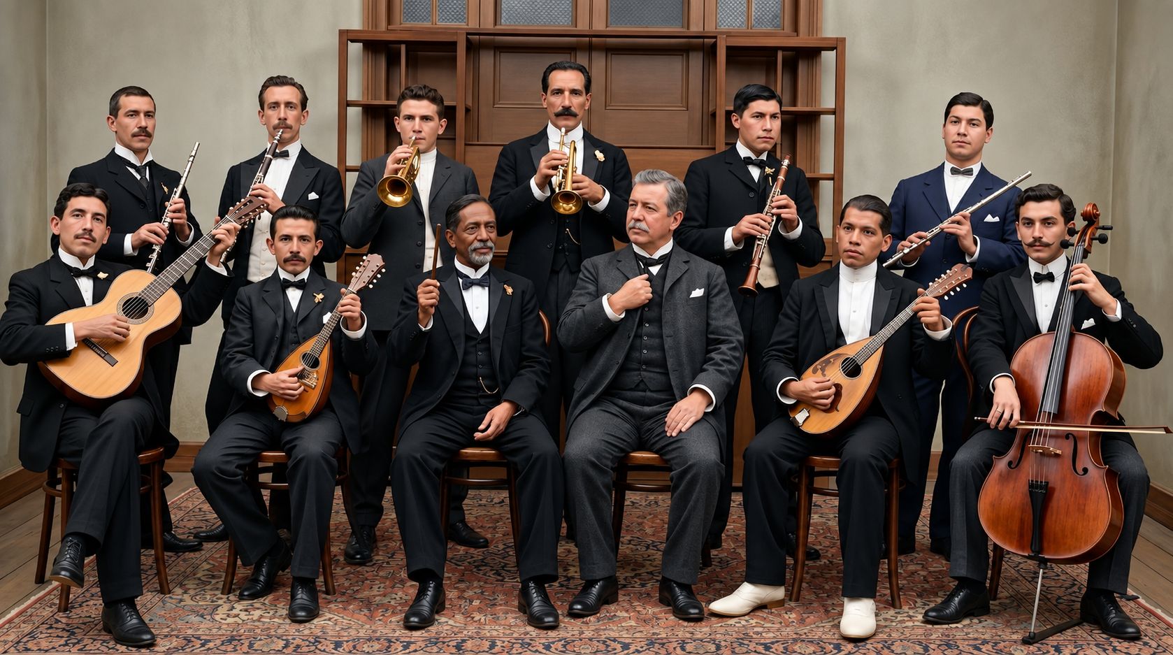 Fotografía histórica de la Sociedad Internacional Filarmónica de Huánuco, integrantes posando con instrumentos musicales, alrededor de 1885.