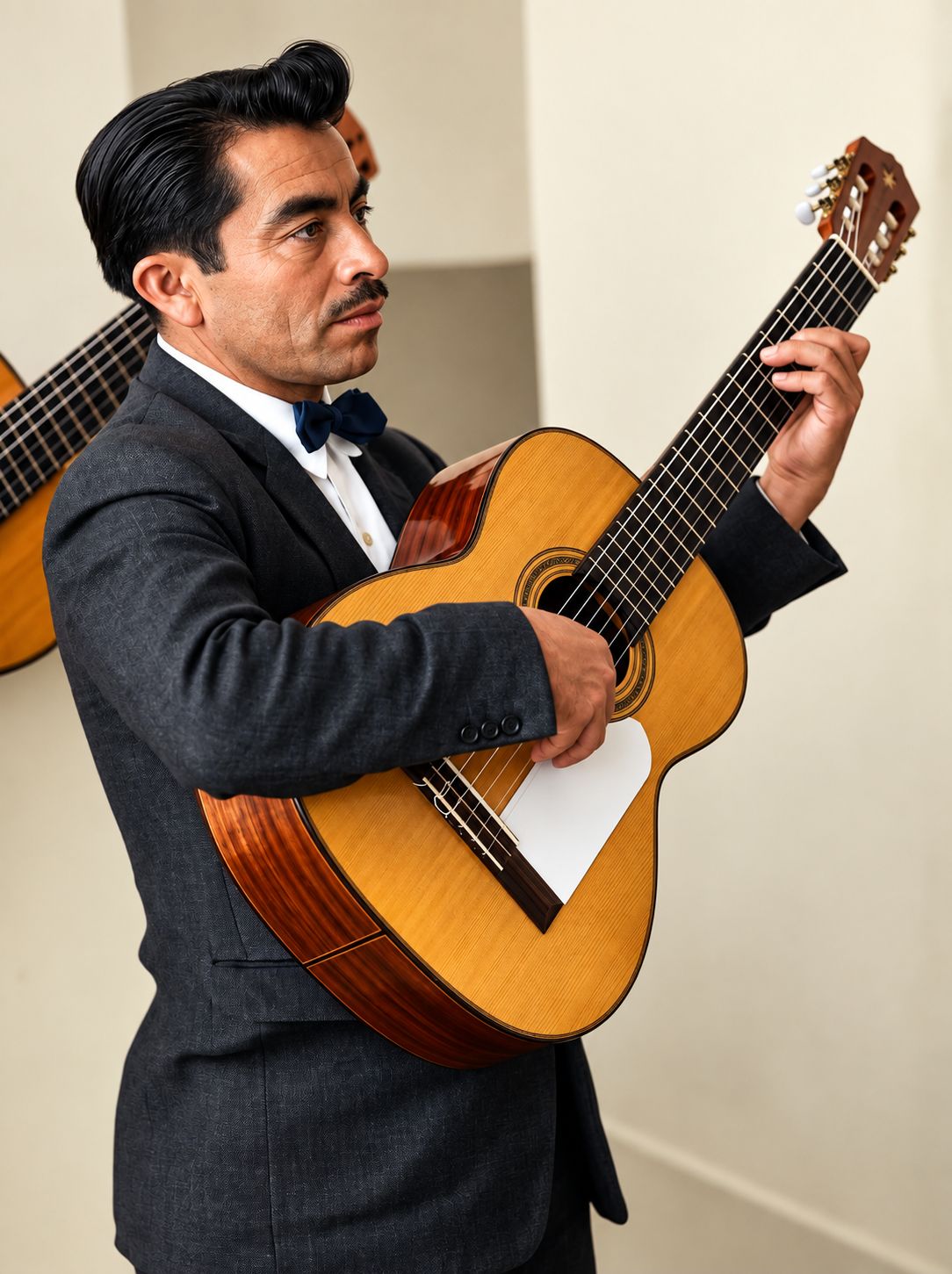 Fotografía de Ubaldo Fernández Fiestas como primera guitarra en un trío musical, década de 1950.